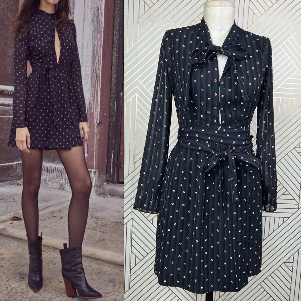 Alexis Leila Polka Dot Rio‎ Print Tie Neck Keyhole Mini Dress Black Size US XS